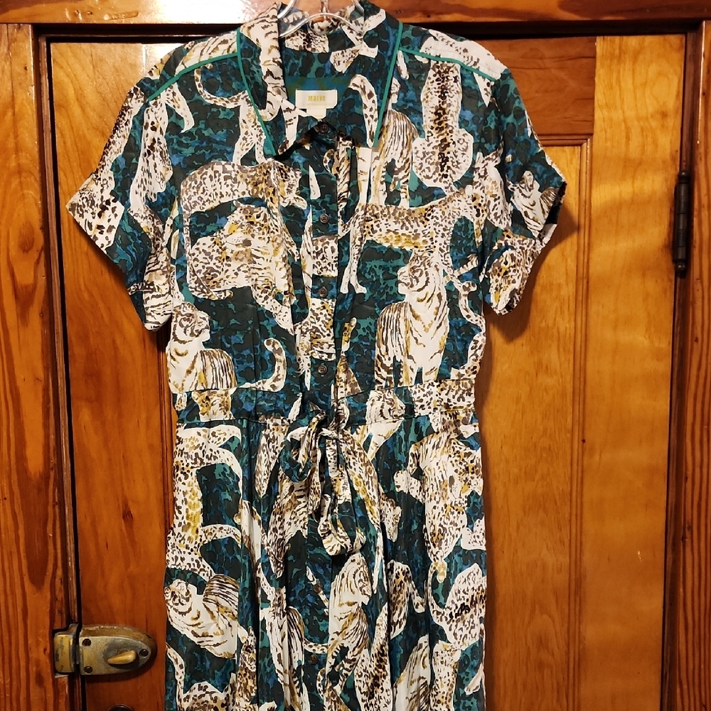 Maeve Teal and White Animal-Print Shirt Dress Medium - Picture 2 of 12
